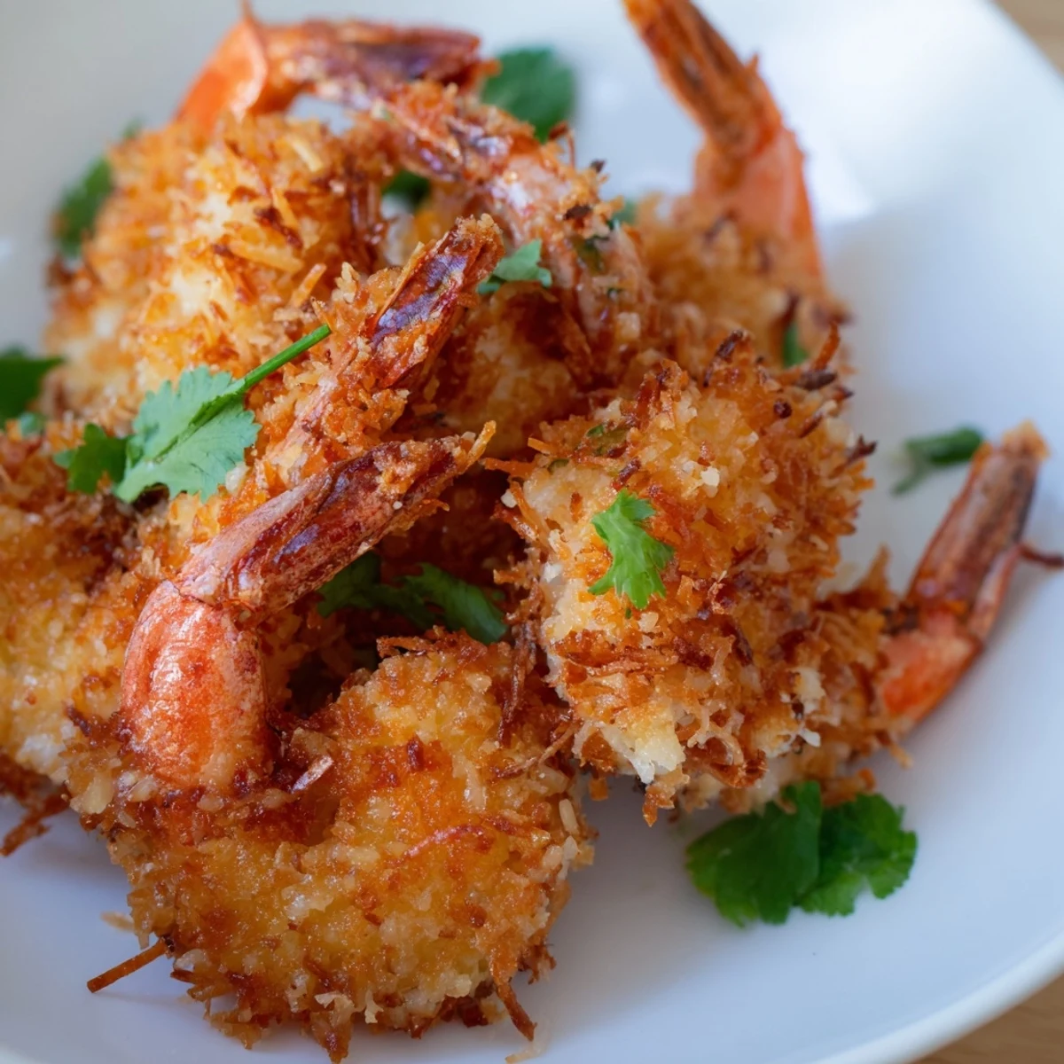 Crispy Coconut Shrimp with Sweet Chili Sauce piled high on a platter, with a small bowl of tangy dipping sauce beside them.