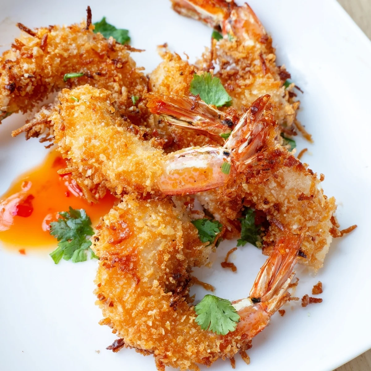 Golden, crunchy Crispy Coconut Shrimp with Sweet Chili Sauce are served alongside lime wedges and fresh cilantro leaves.