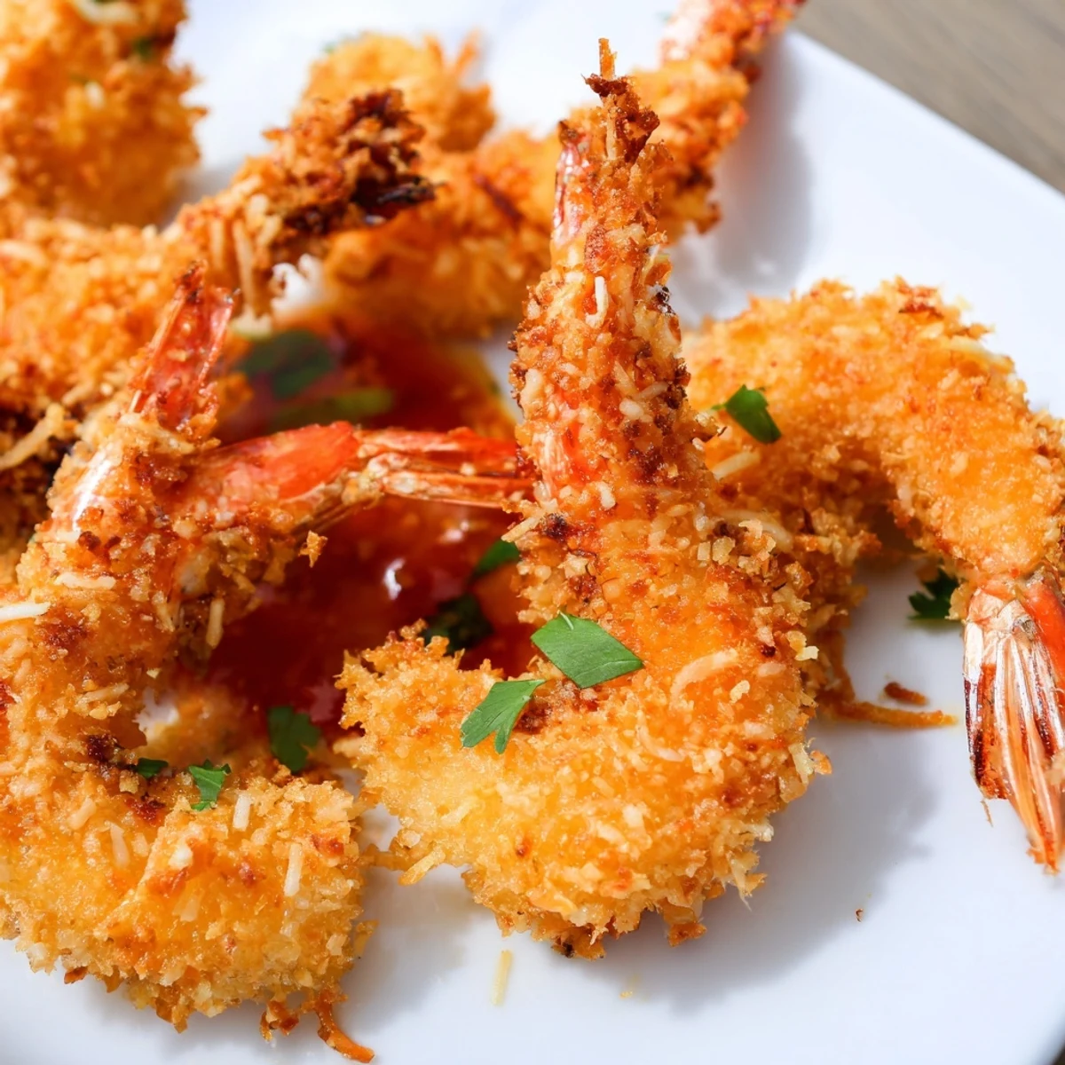 A close-up view of Crispy Coconut Shrimp with Sweet Chili Sauce highlights the golden coconut crust and a drizzle of sweet chili sauce.