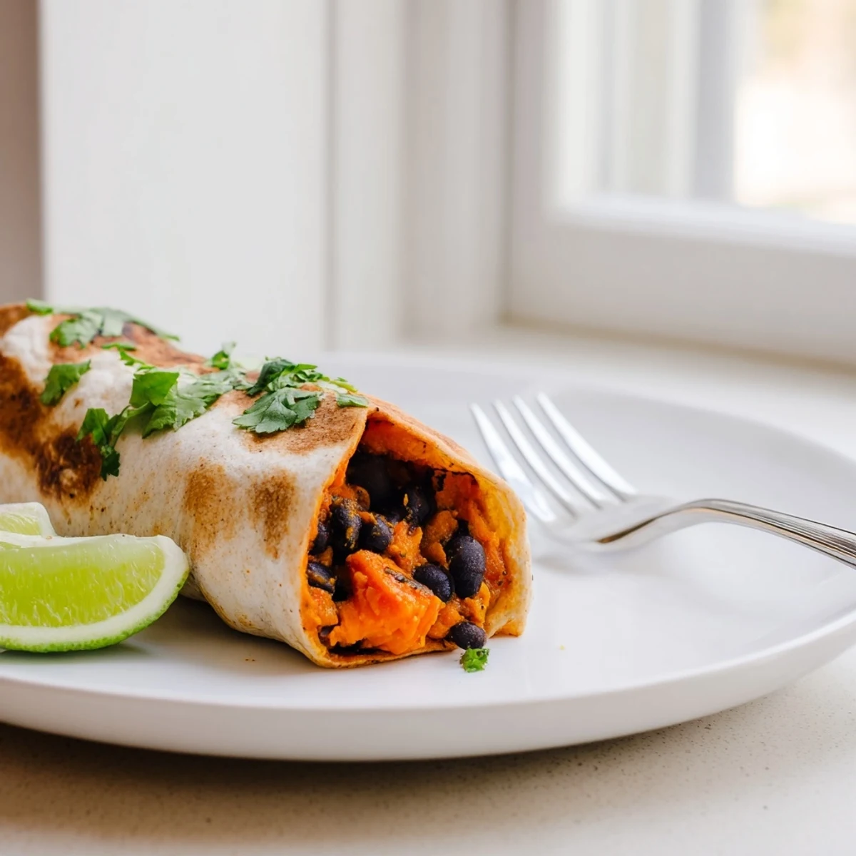 A close-up of Roasted Sweet Potato and Black Bean Burritos, the golden-brown tortilla wrapped around a colorful, spiced filling.