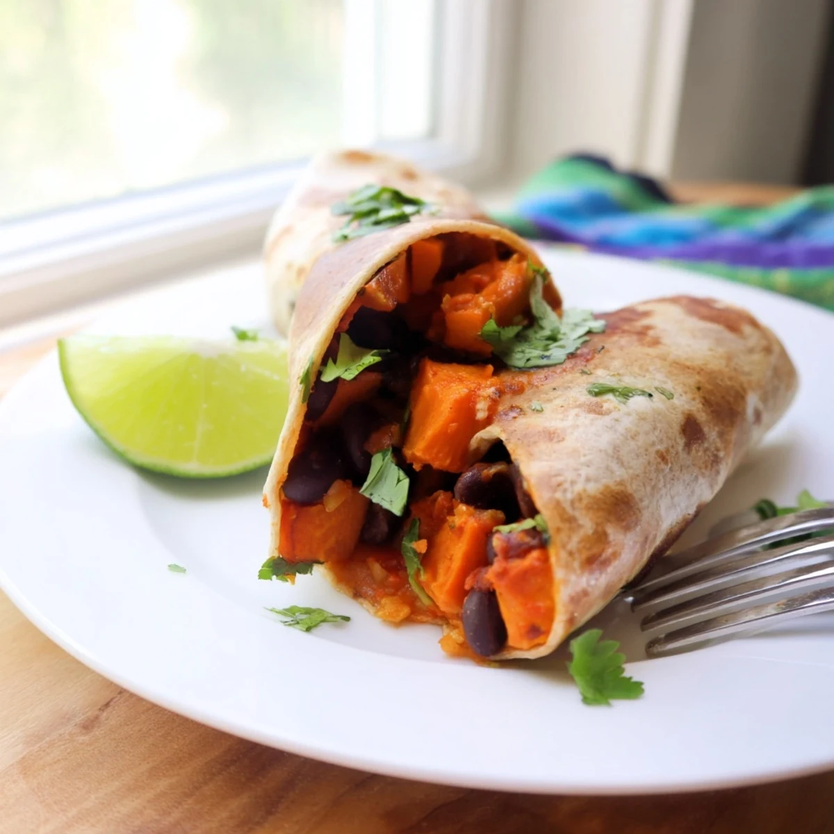 Fresh cilantro and lime wedges garnish these Roasted Sweet Potato and Black Bean Burritos, served on a rustic wooden table.