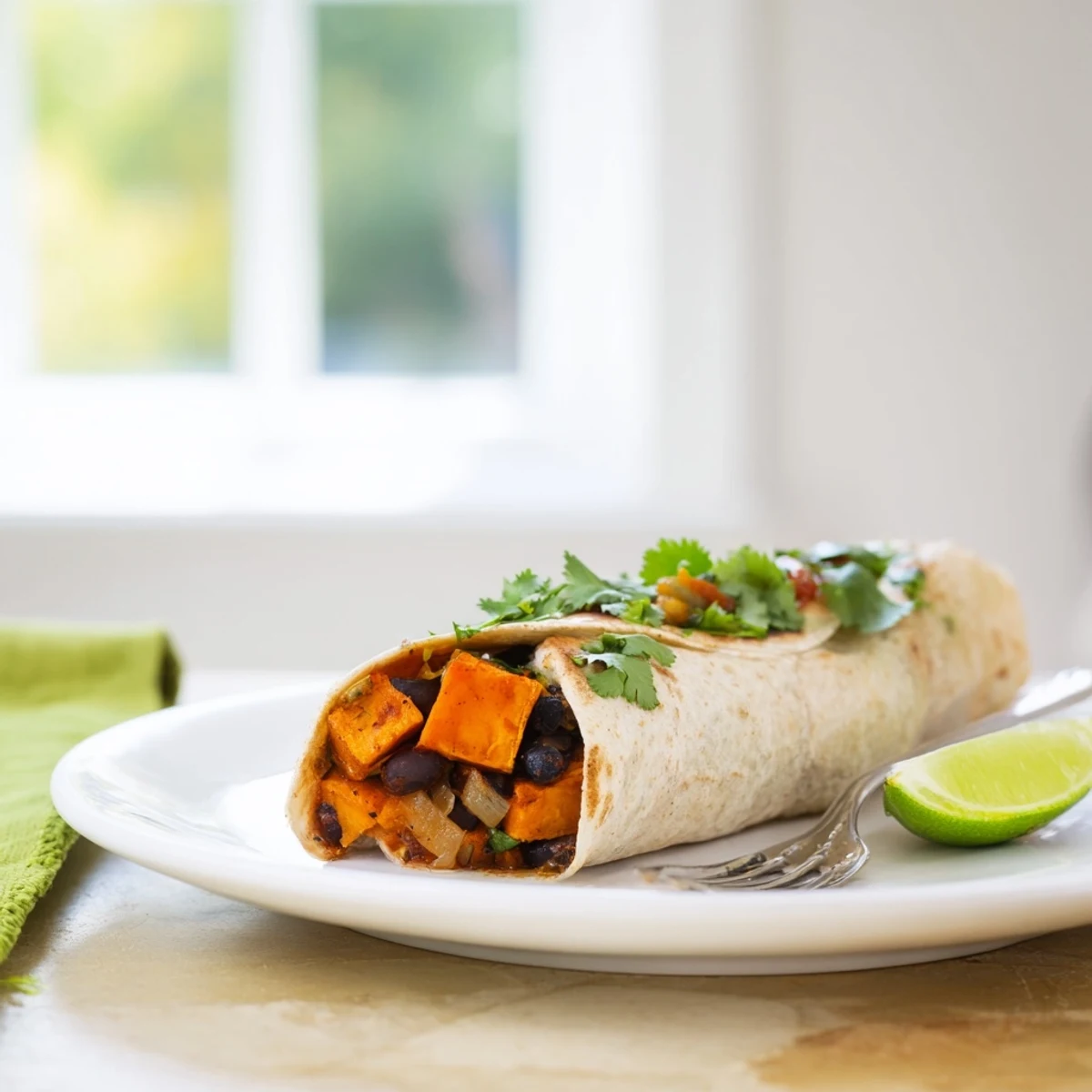 Inside a split Roasted Sweet Potato and Black Bean Burrito, you can see tender sweet potatoes and black beans with melted cheese.