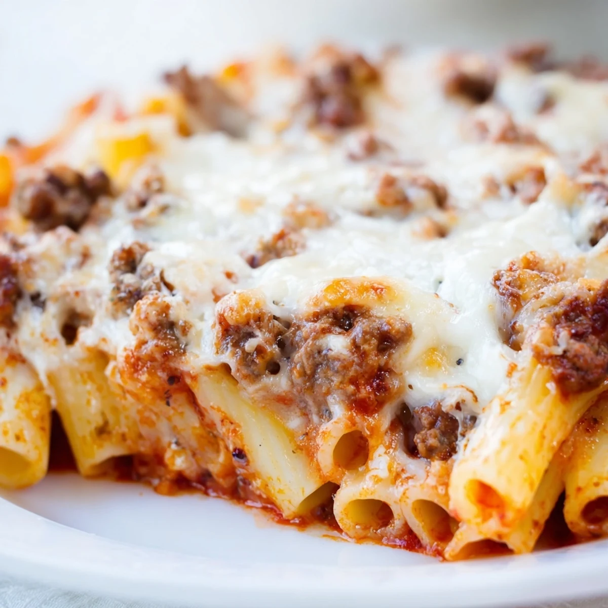 Freshly baked ziti with ground beef and marinara, bubbling golden mozzarella and ricotta cheese on a rustic kitchen table.