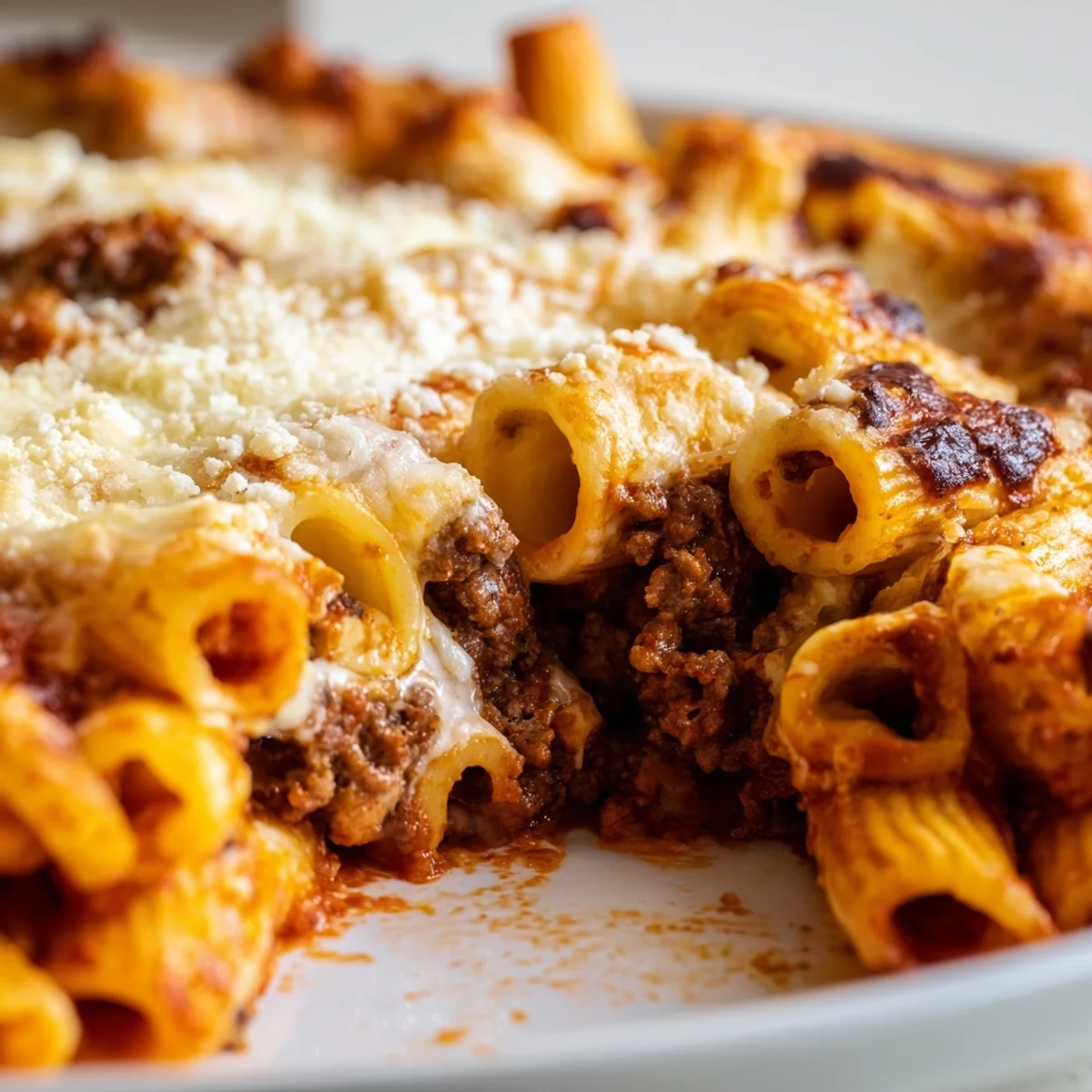 Hearty slices of baked ziti with ground beef and marinara, served family-style with fresh basil and garlic bread on the side.
