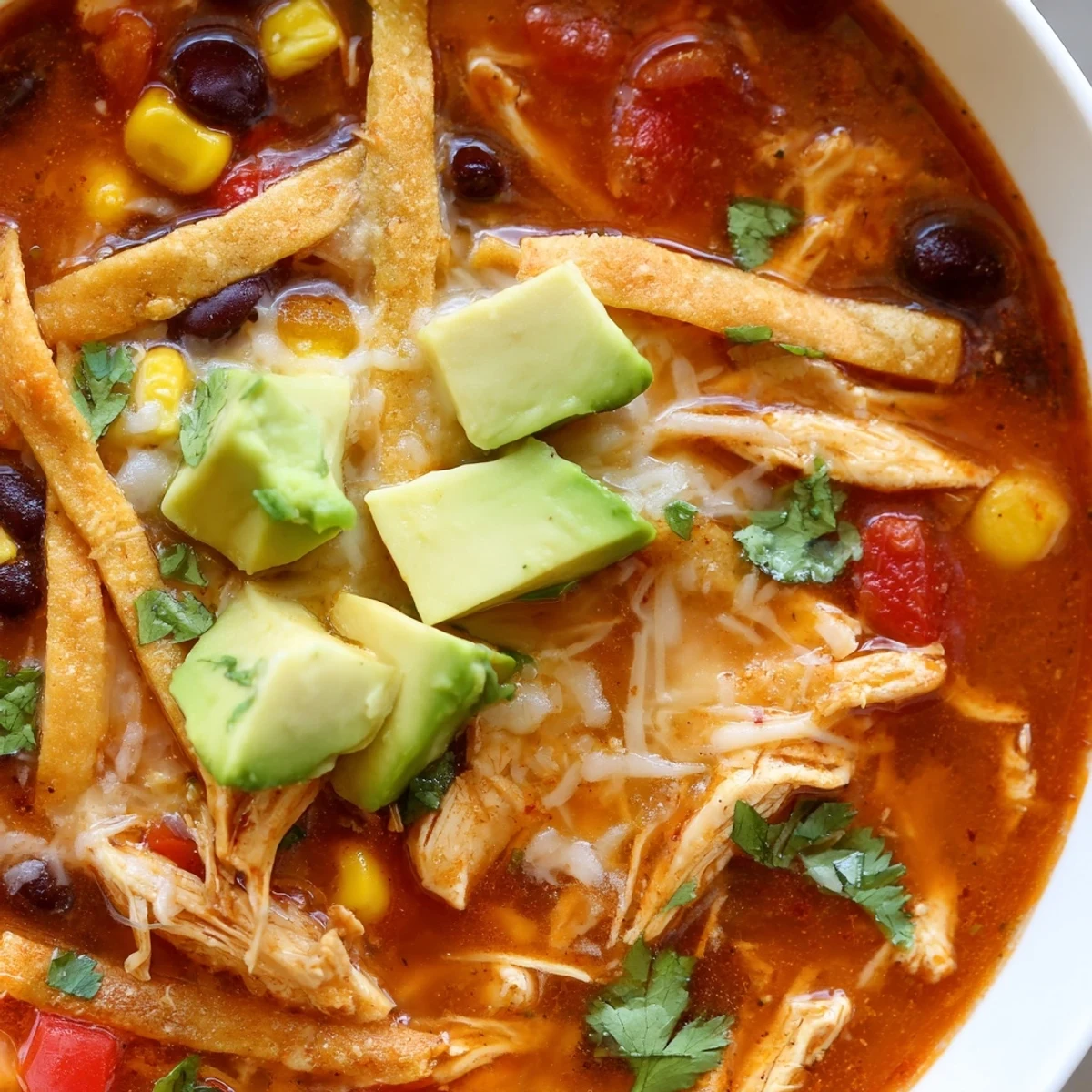 A close-up bowl of Chicken Tortilla Soup with Crispy Strips, featuring tender chicken, black beans, and corn in a rich red broth.