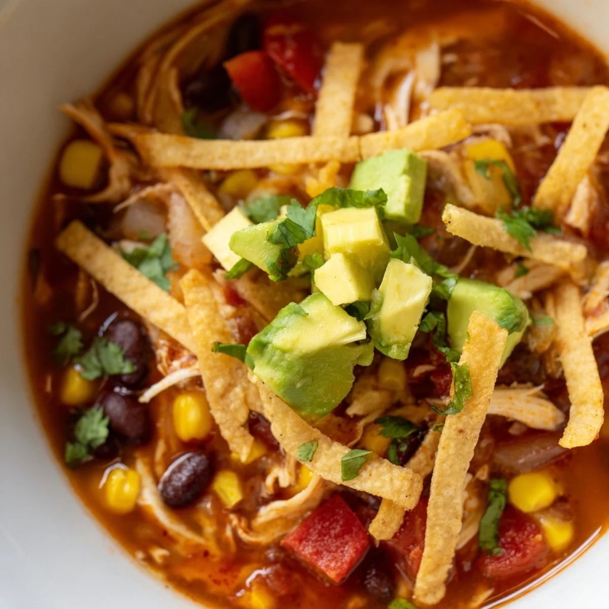 Vibrant Chicken Tortilla Soup with Crispy Strips garnished with avocado, cilantro, and cheese, ready to serve with a fresh lime wedge.