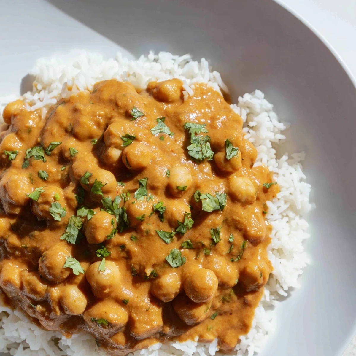 A vibrant bowl of Vegan Chickpea Tikka Masala with fluffy basmati rice, topped with fresh cilantro and lemon wedges.