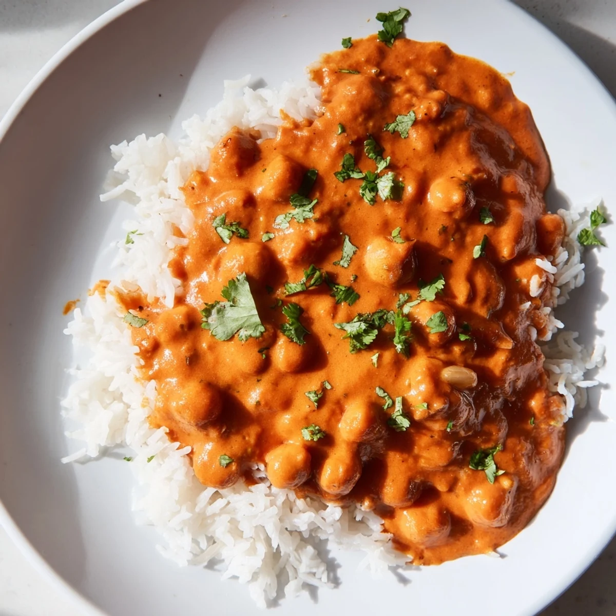 Golden, creamy chickpea tikka masala with rice in a shallow bowl, showing vibrant spices and steam rising from the curry.