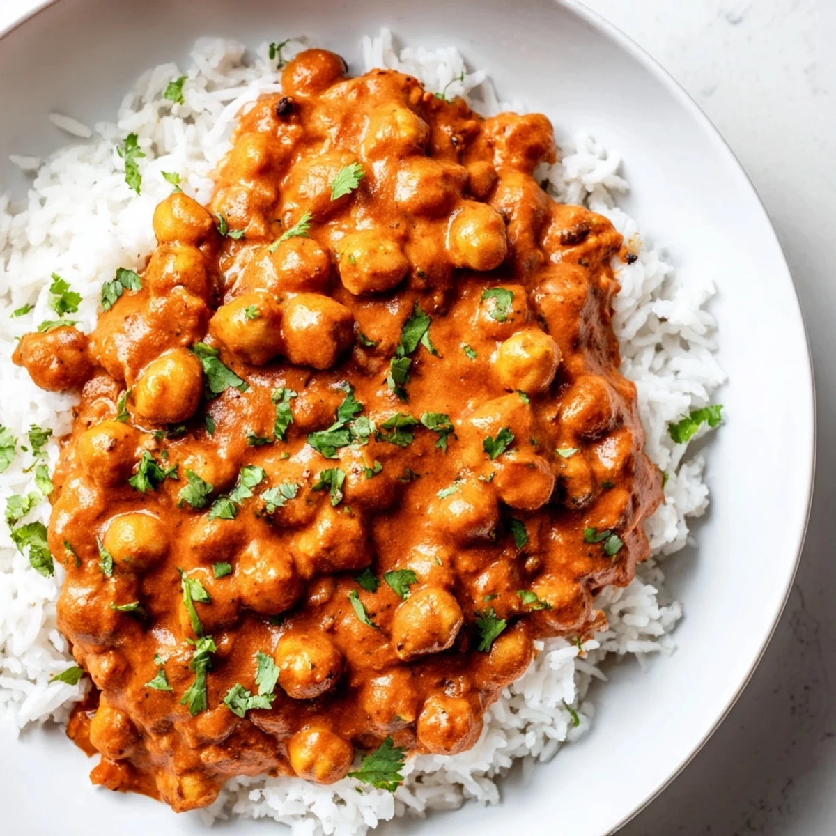 An aromatic serving of Vegan Chickpea Tikka Masala with basmati rice, ready to enjoy with a side of naan.