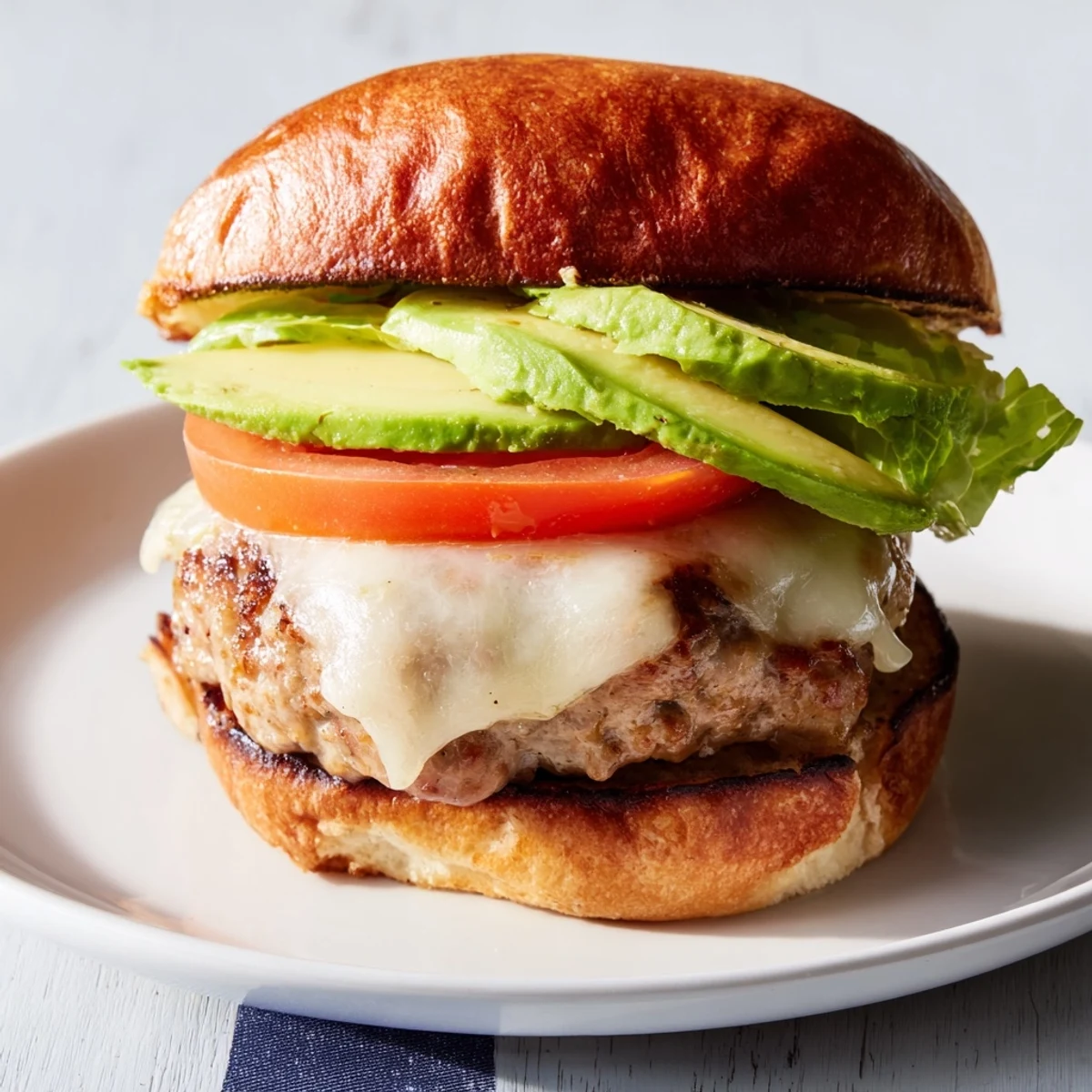 A close-up of a Turkey Burger with Avocado and Swiss Cheese, showing a juicy patty and melted Swiss on a toasted bun.