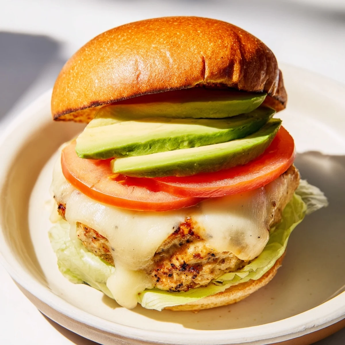 A plated Turkey Burger with Avocado and Swiss Cheese garnished with fresh lettuce and tomato, ready to serve.