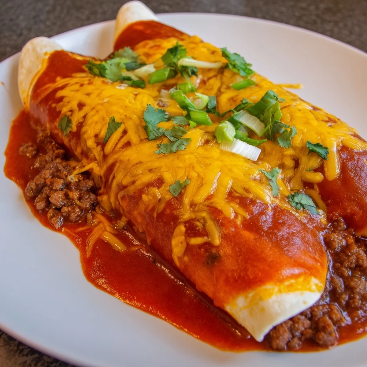 Close-up of golden, melted cheese bubbling over Beef Enchiladas with Red Enchilada Sauce, smothered in vibrant homemade red sauce.