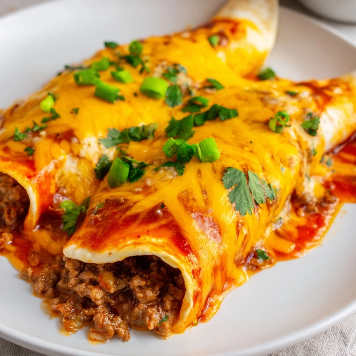 Freshly baked Beef Enchiladas with Red Enchilada Sauce on a plate, garnished with cilantro and green onions for a family dinner.