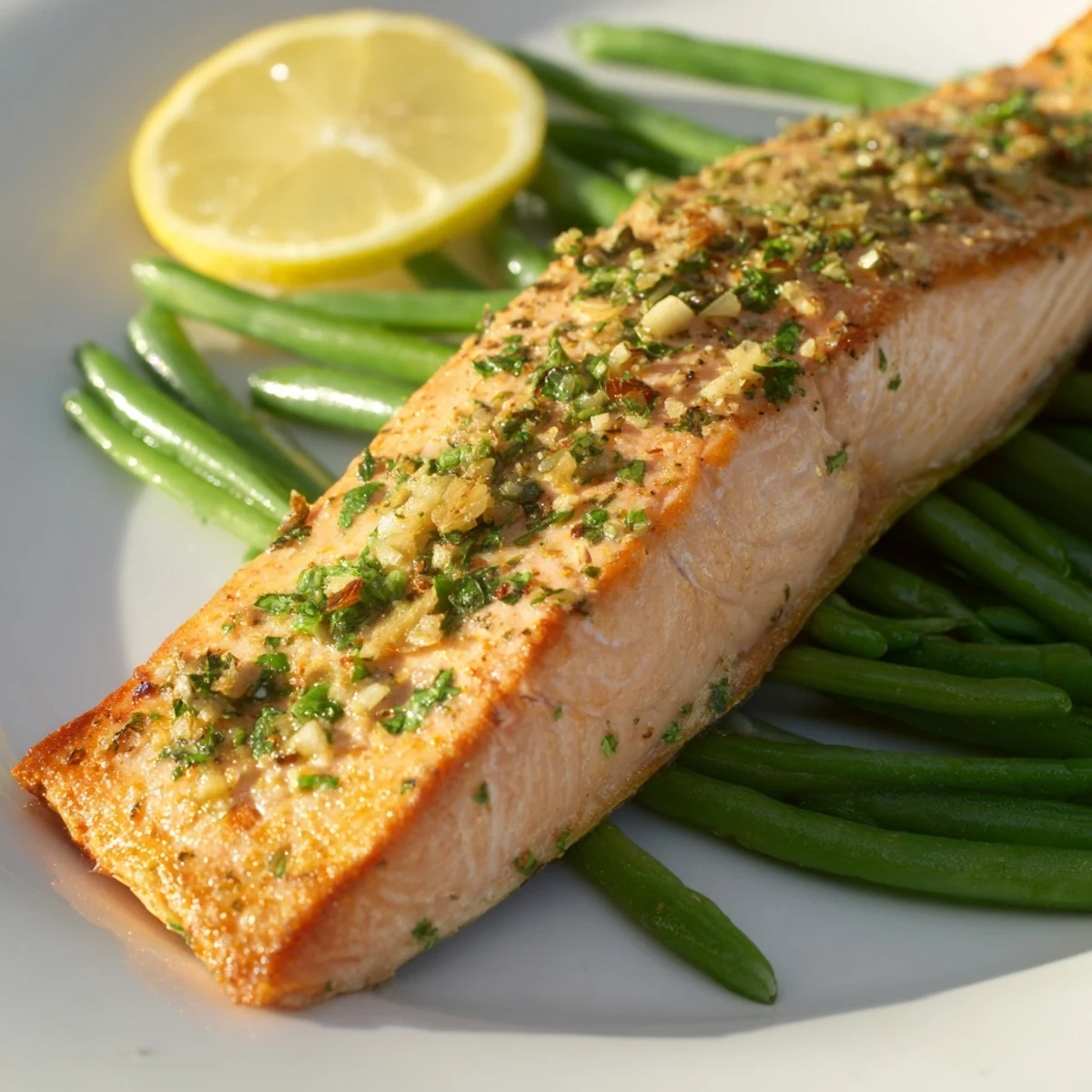 Crispy roasted salmon fillets and tender green beans on a sheet pan, garnished with fresh parsley and lemon wedges.  