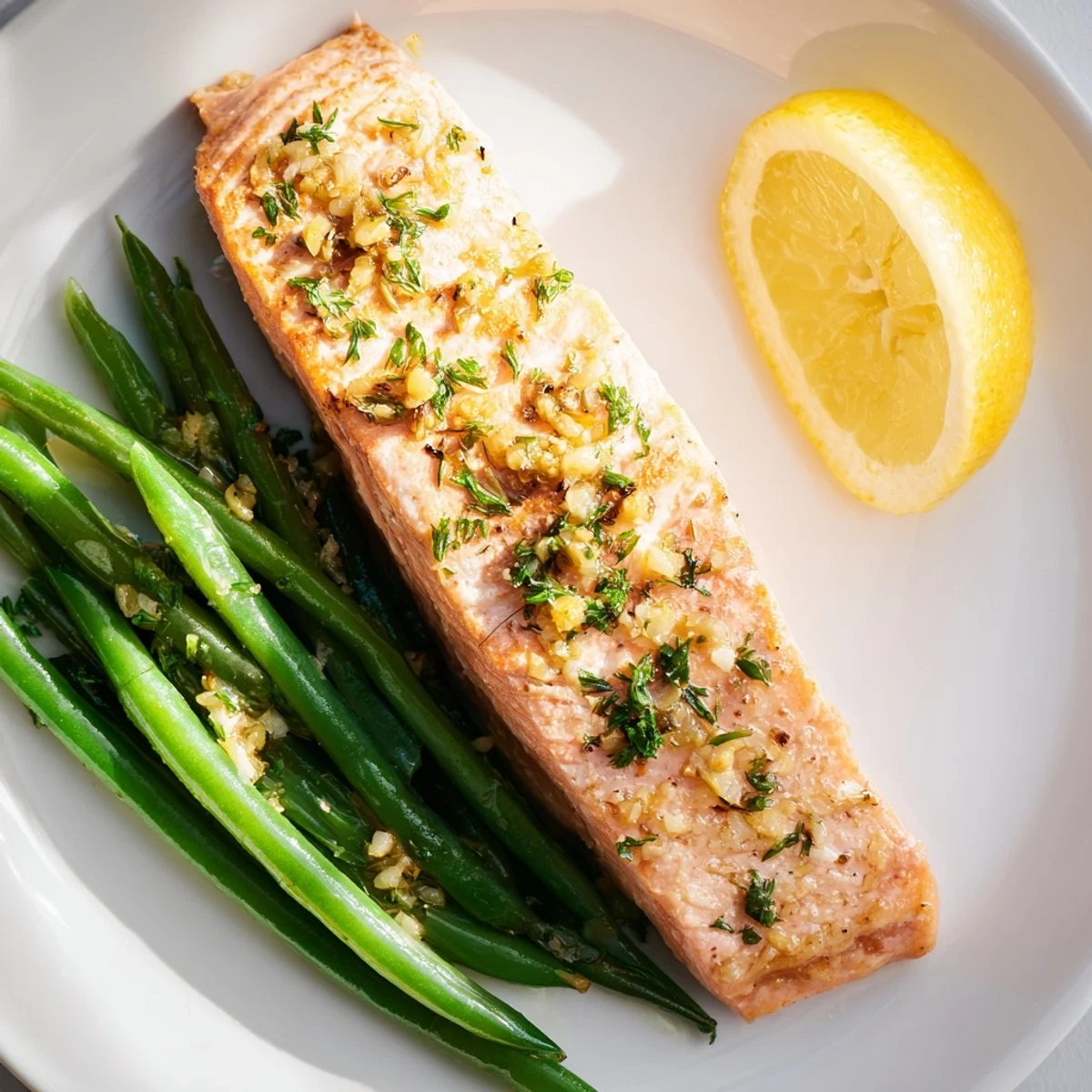 A close-up of seasoned salmon and green beans on a parchment-lined sheet pan, garnished with lemon and parsley.  