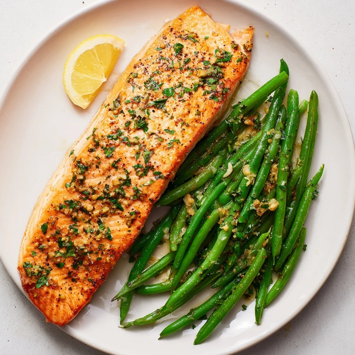 Freshly roasted Sheet Pan Salmon and Green Beans with lemon slices and herbs on a rimmed baking sheet.