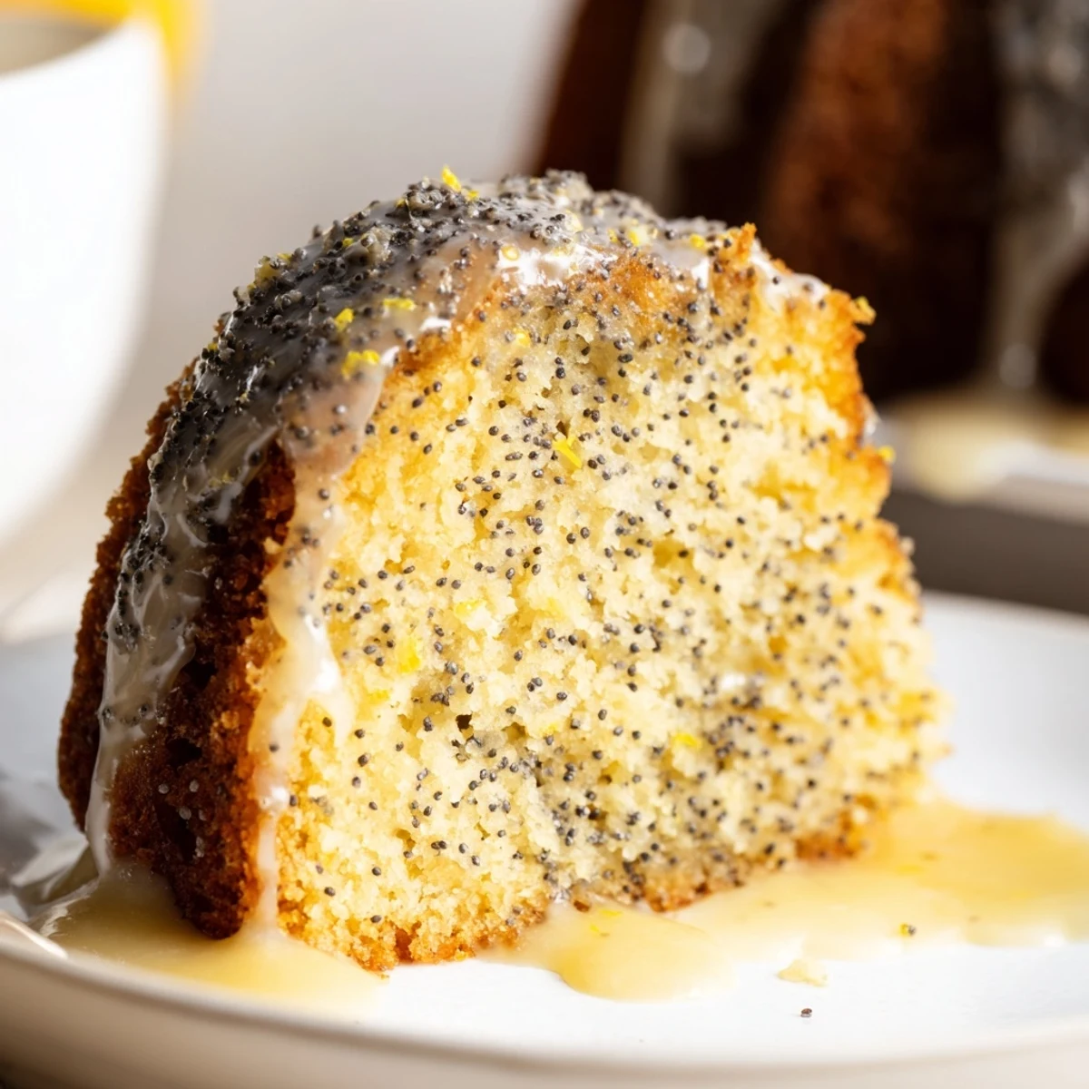 A freshly glazed Lemon Poppy Seed Bundt Cake sits on a wooden board, showing the drizzled glaze dripping down the ridges.