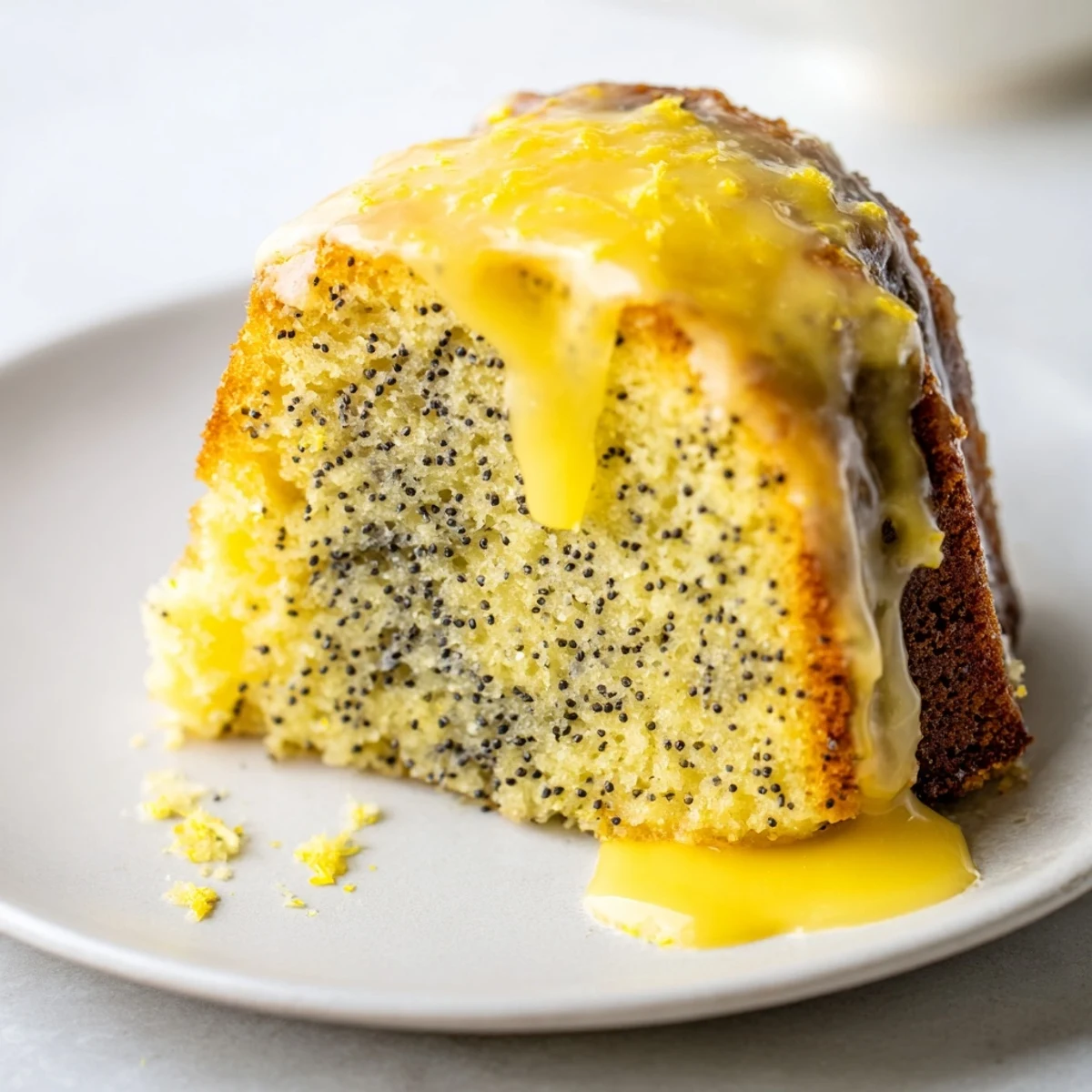 A slice of Lemon Poppy Seed Bundt Cake is served on a white plate, garnished with a twist of fresh lemon zest.