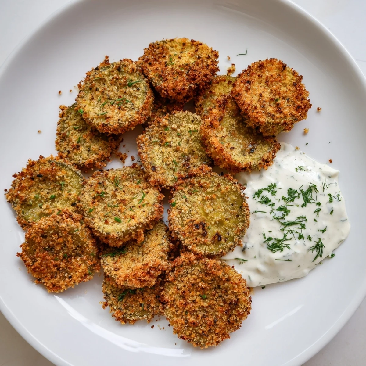 Super Bowl Fried Pickles with Ranch Dip stacked on paper towels, golden crunch beside creamy green-flecked dip.