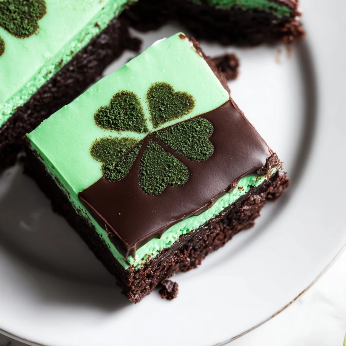 Stacked Shamrock Mint Brownies with Ganache display fudgy layers and a silky chocolate topping, ideal for St. Patrick's Day celebrations.