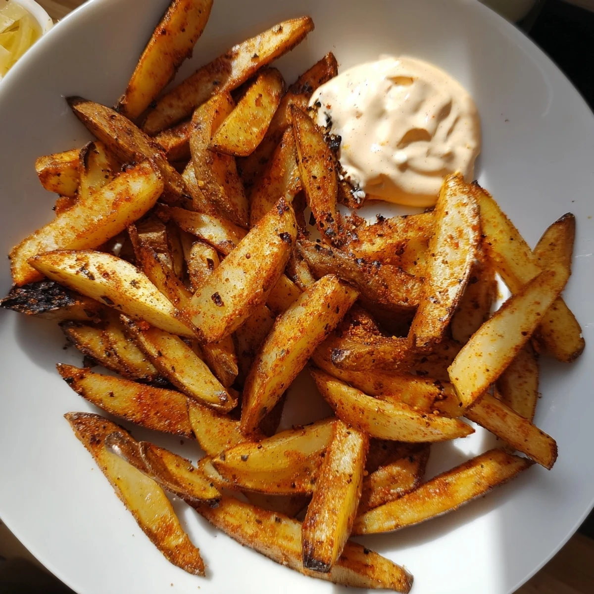 Golden, crispy Cajun Spiced Fries with a side of creamy spicy mayo on a white plate.