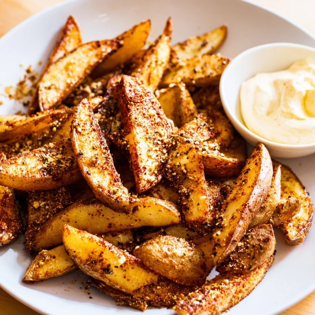 Hot Cajun Spiced Fries on a baking sheet, garnished with herbs and a bowl of spicy mayo.