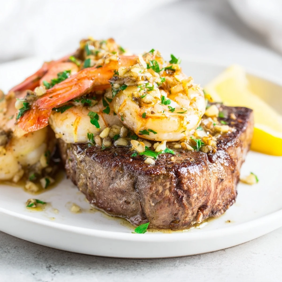 Perfectly seared filet mignon topped with juicy garlic butter shrimp for a romantic date night in.  