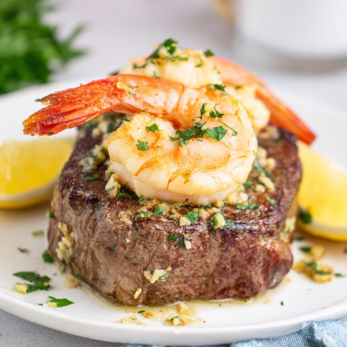 Tender steak and succulent shrimp sizzling in garlic butter, served with a lemon wedge garnish.  