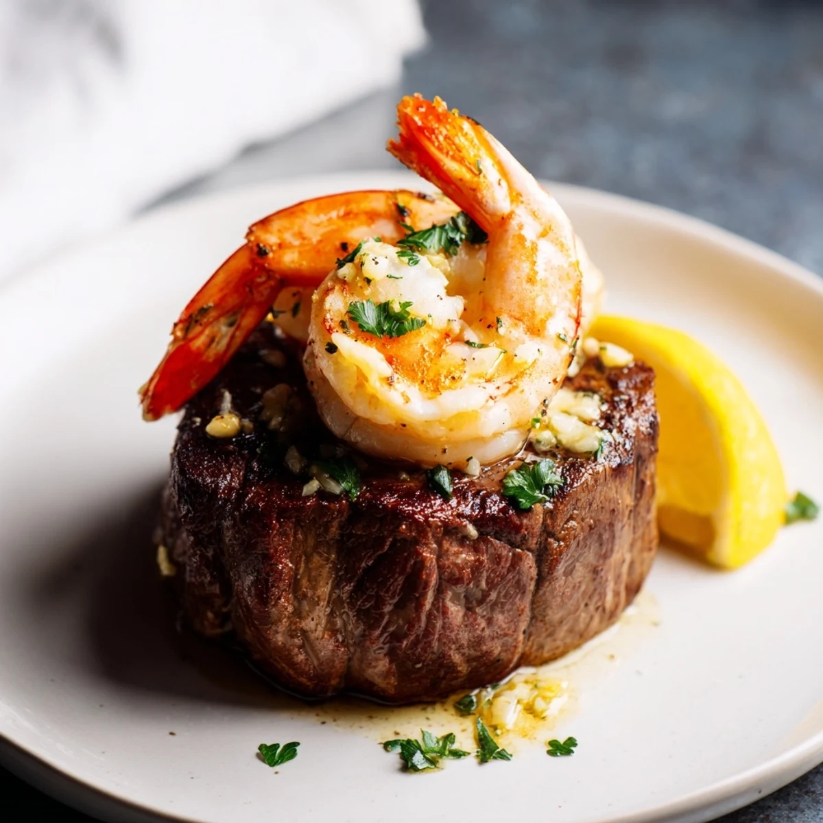 An elegant surf and turf dinner featuring a golden-brown steak and pink shrimp with parsley.