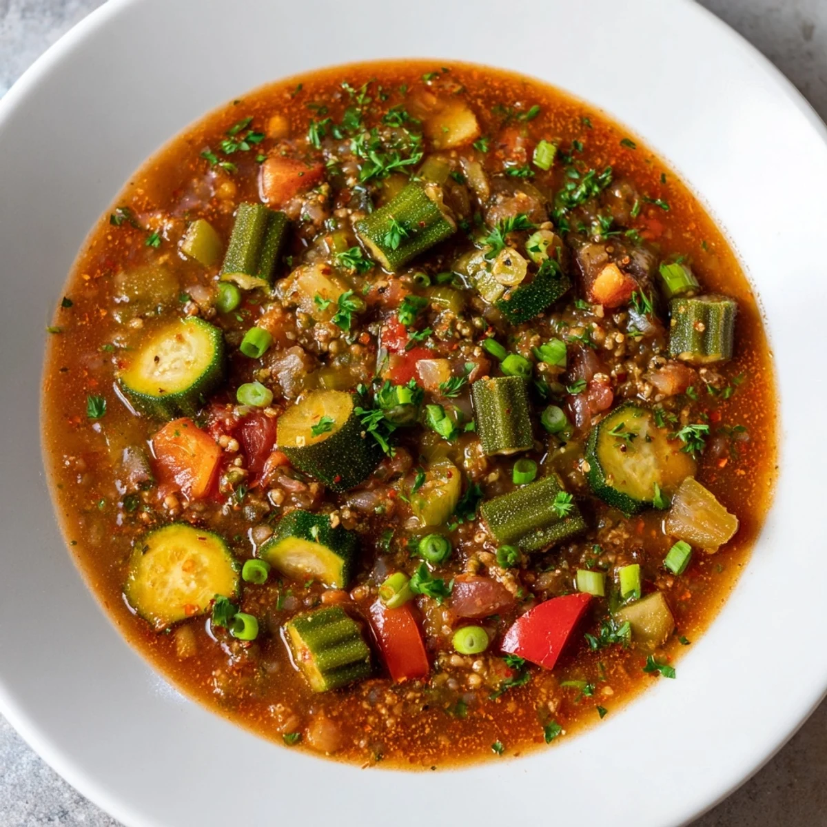 A warm bowl of Creole Vegetable Gumbo with Okra, brimming with tender vegetables and served over fluffy white rice.  