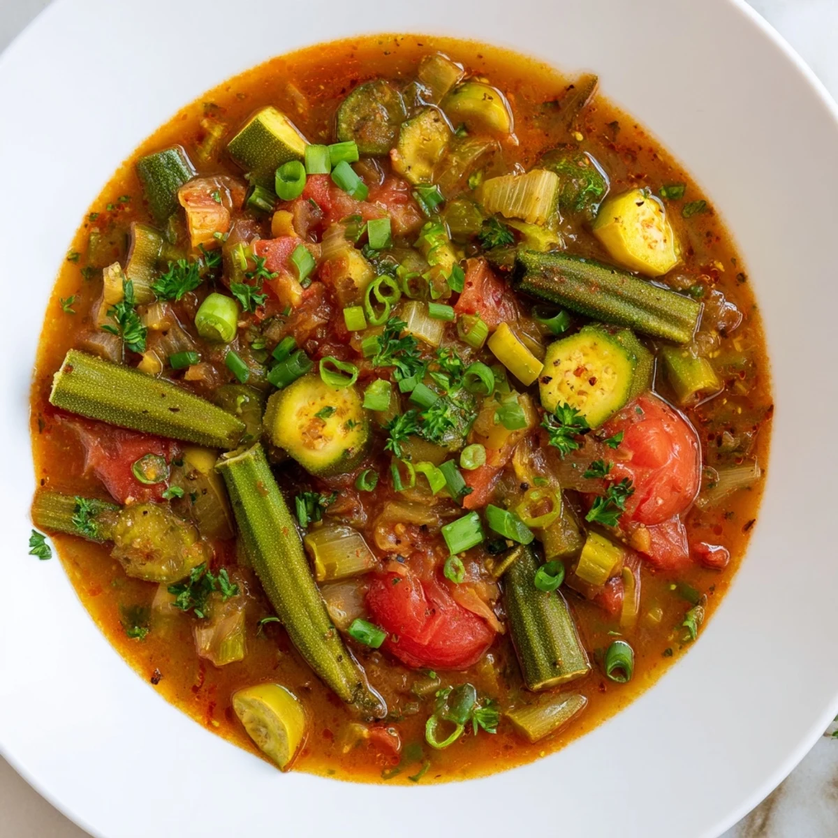 Spoon lifting a ladleful of Creole Vegetable Gumbo with Okra, highlighting the rich, smoky broth and fresh herbs.