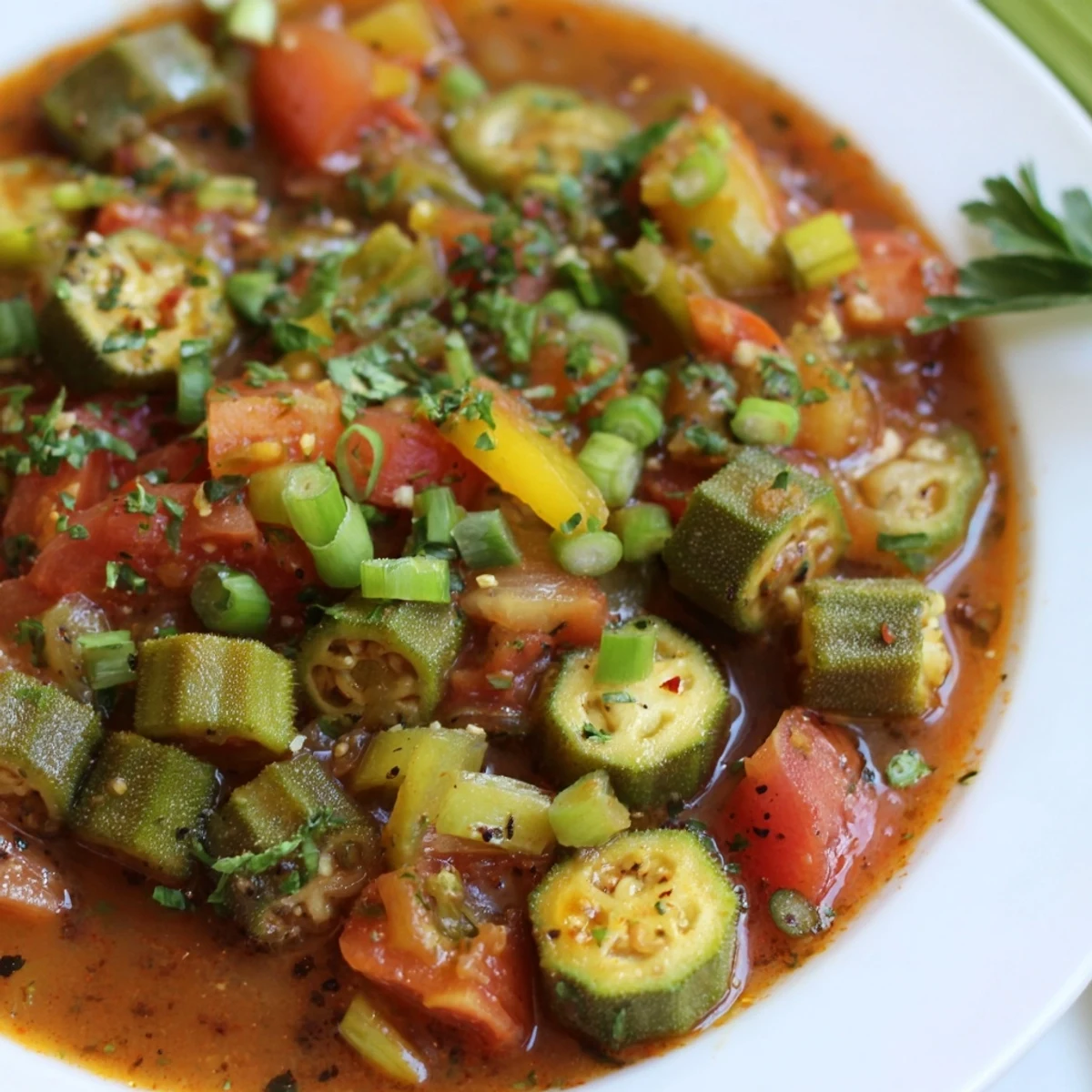 Hearty Creole Vegetable Gumbo with Okra simmering in a Dutch oven, with vibrant bell peppers, celery, and spices.  