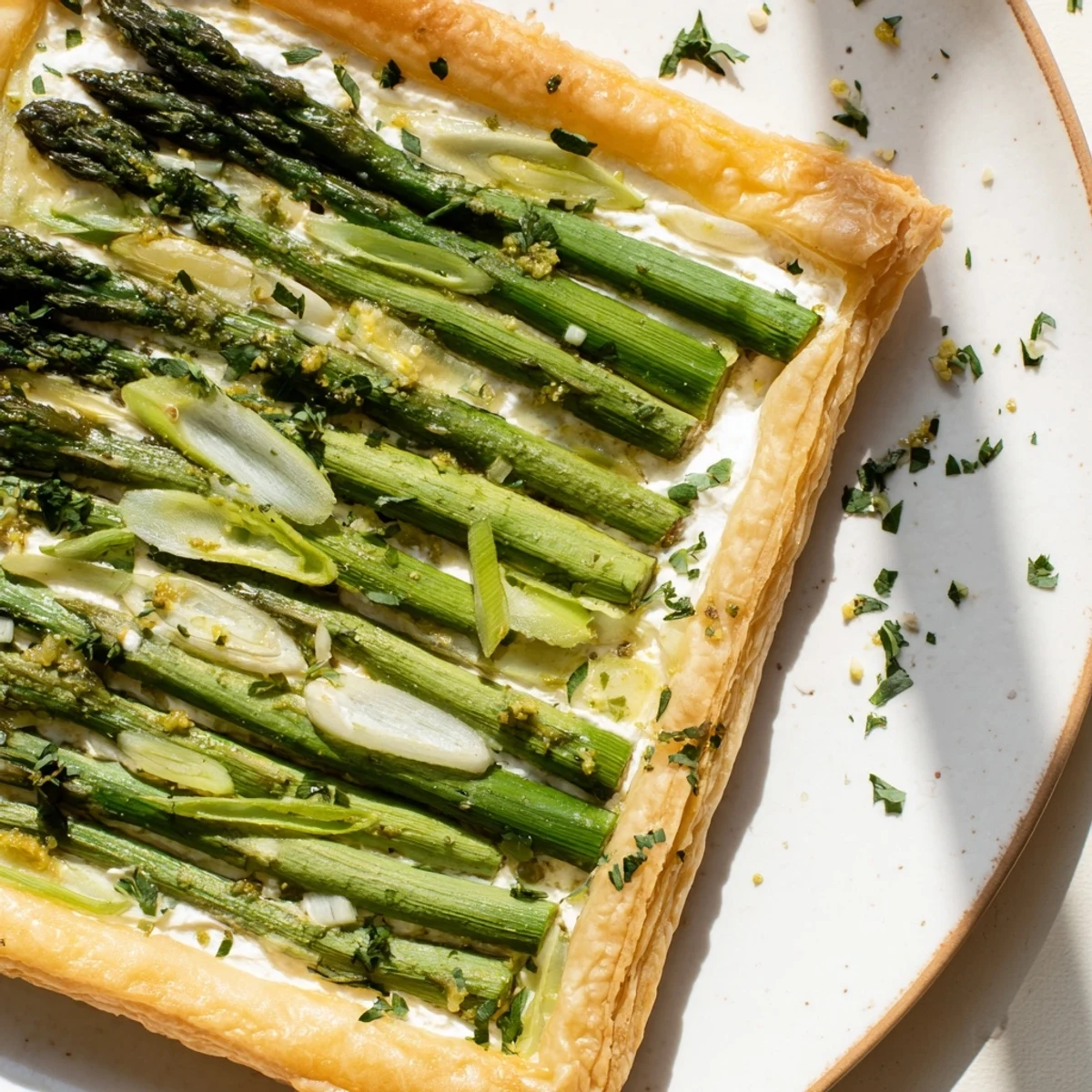 A close-up of the Green Asparagus Tart with Puff Pastry reveals golden, flaky crust and creamy cheese filling, garnished with fresh herbs.