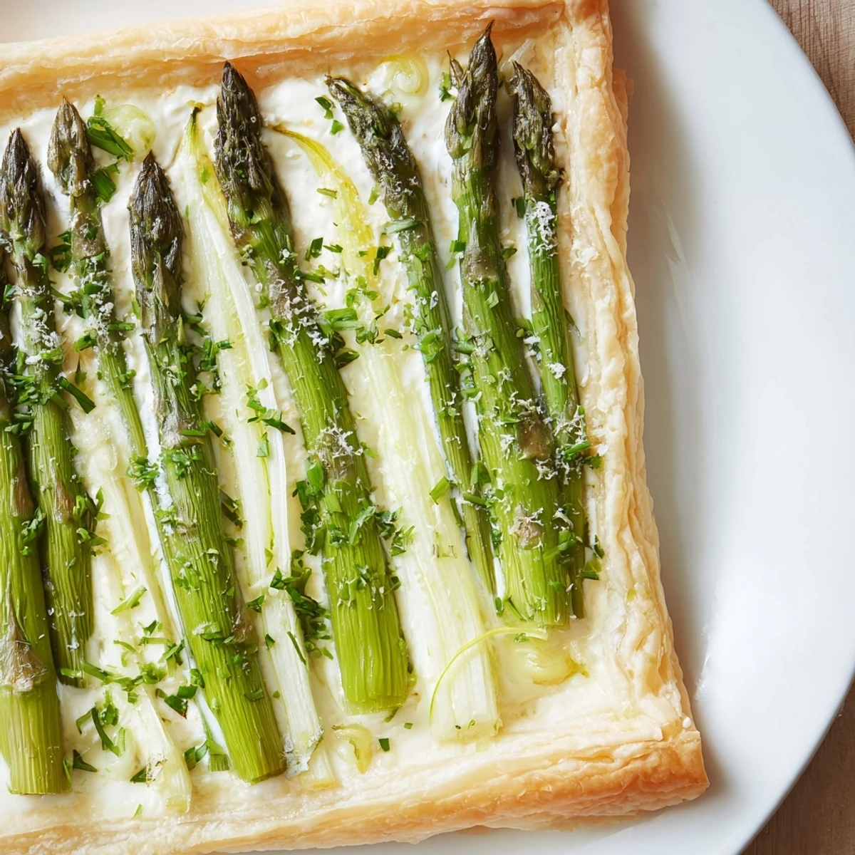 Overhead view of a freshly baked Green Asparagus Tart with Puff Pastry, showcasing tender green spears and a slice ready to serve.