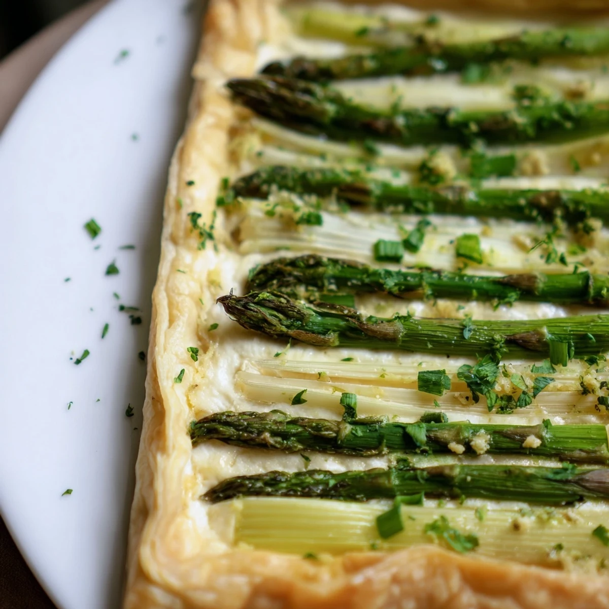 Savory Green Asparagus Tart with Puff Pastry featuring crisp edges, melted parmesan, and lemon zest, served warm with a side salad.