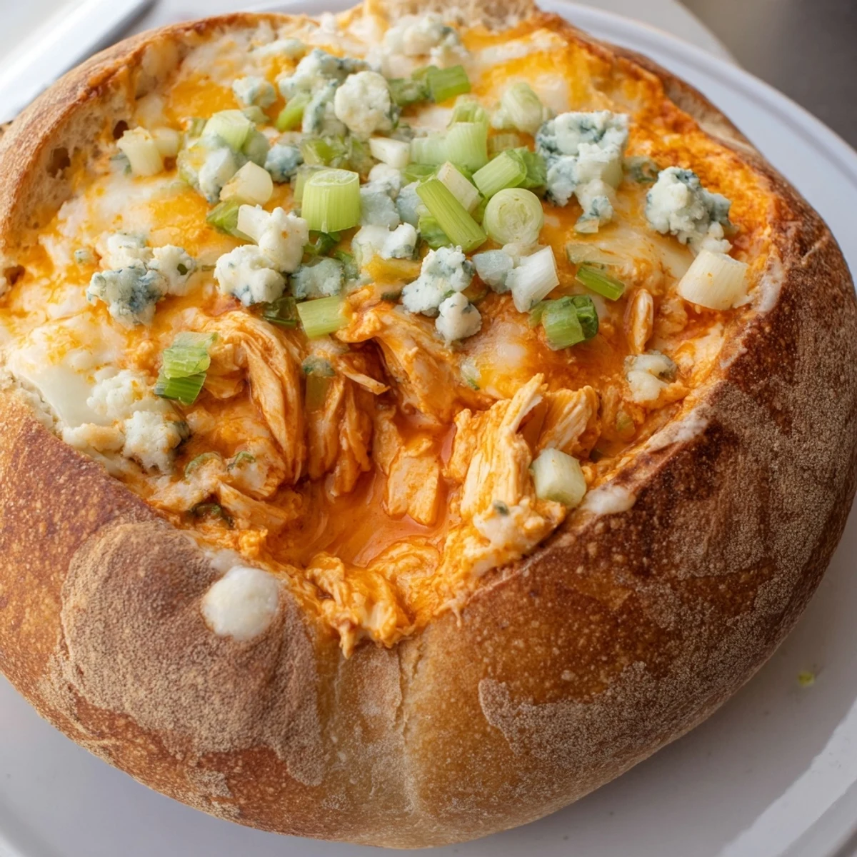 Bubbling Tailgate Buffalo Chicken Dip served inside a hollowed sourdough bread bowl with celery sticks and chips.