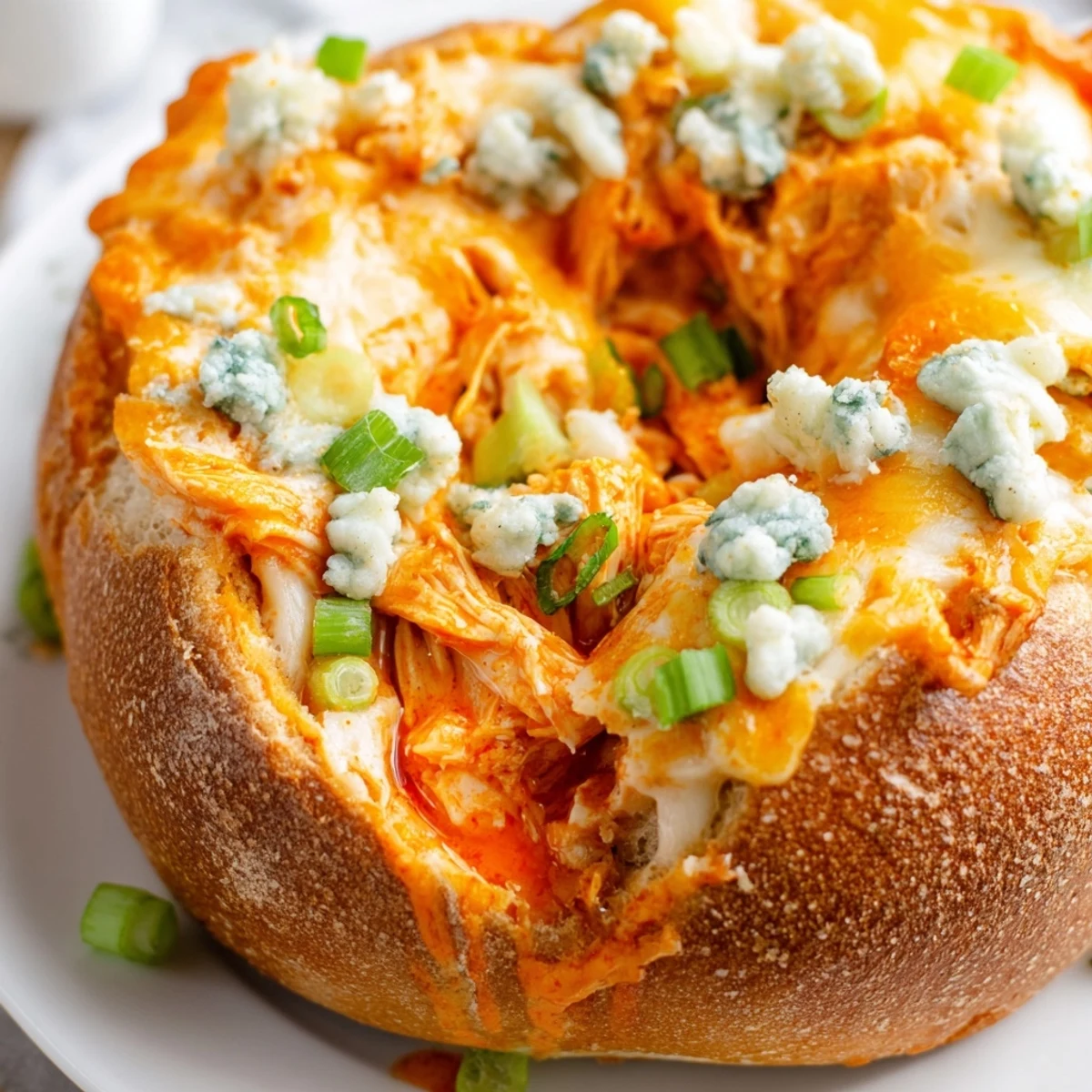 A freshly baked Tailgate Buffalo Chicken Dip inside a round bread bowl, melted cheese bubbling.