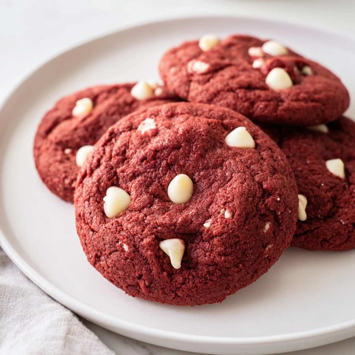 Freshly baked Red Velvet Cookies with White Chocolate Chips on a cooling rack, showing soft centers and melty chips.