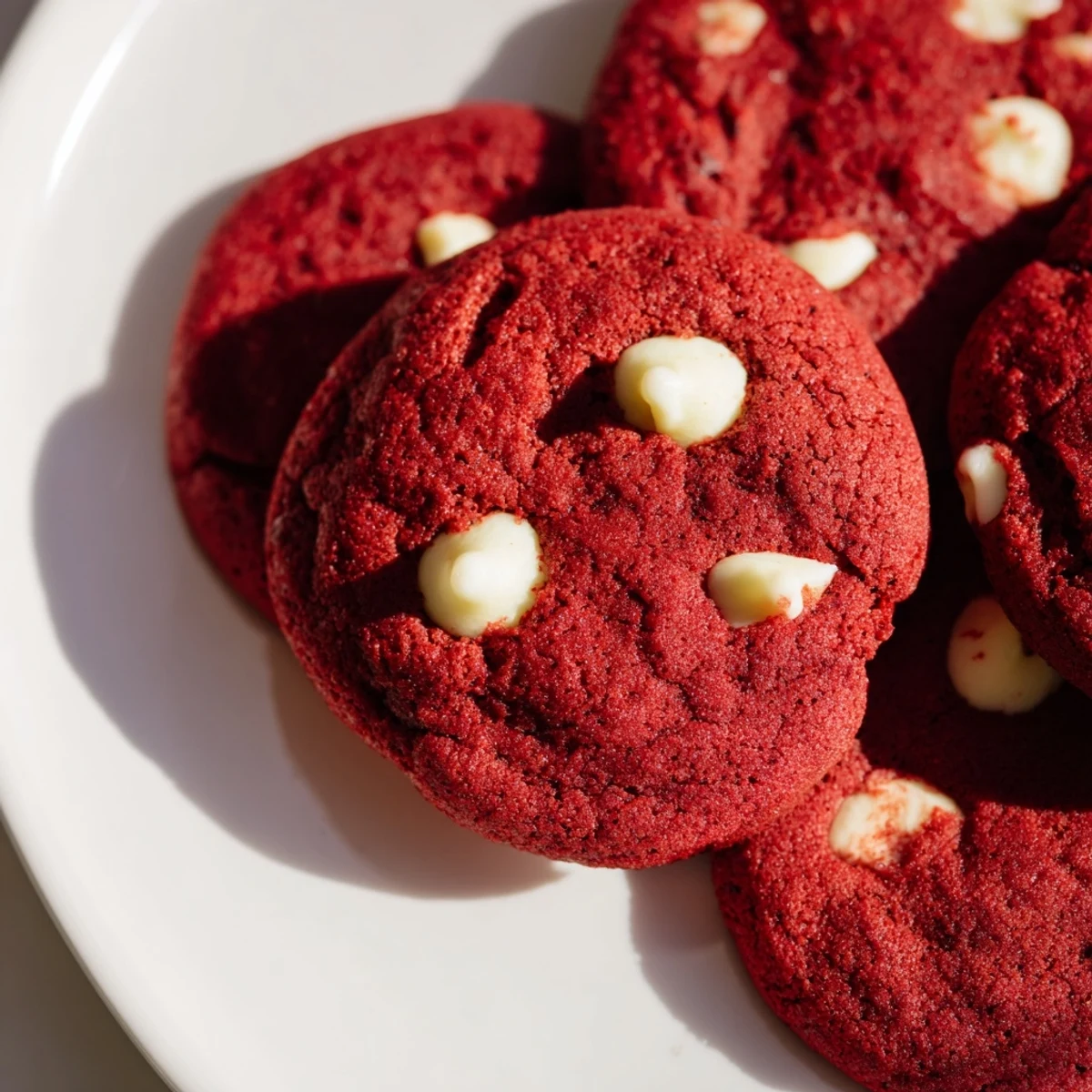 Frosted Red Velvet Cookies with White Chocolate Chips stacked on a white plate, ready for an afternoon treat.