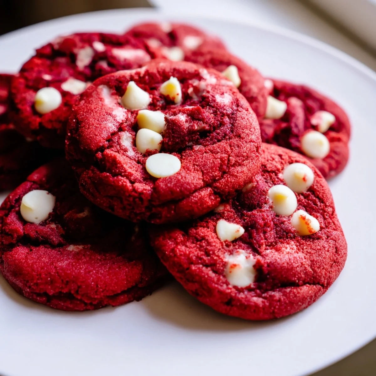 Homemade Red Velvet Cookies with White Chocolate Chips arranged on parchment with red crumbs and gooey chips.