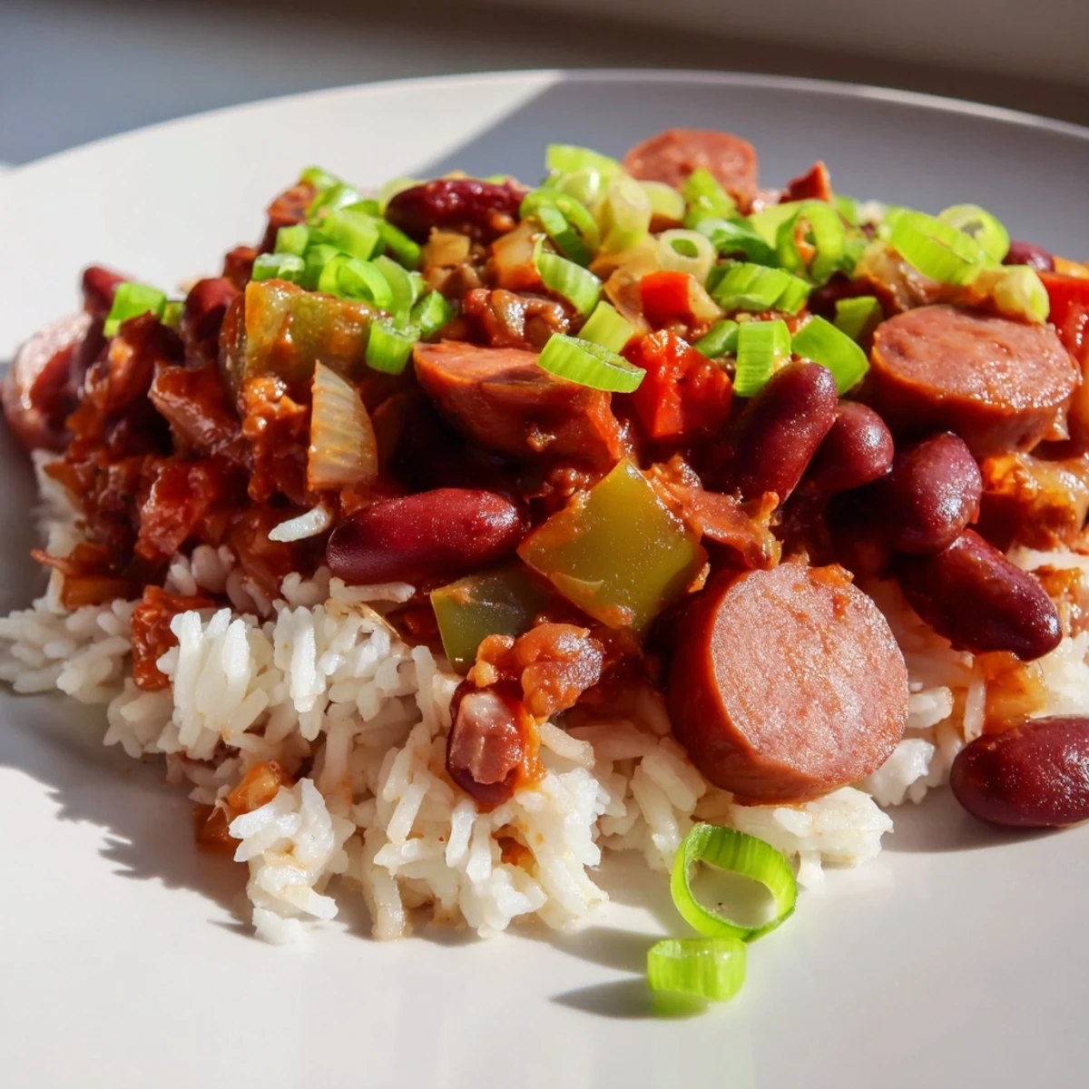 Browned halal sausage and aromatic vegetables create a hearty Mardi Gras Rice and Beans with Halal Sausage, served steaming in a rustic bowl.