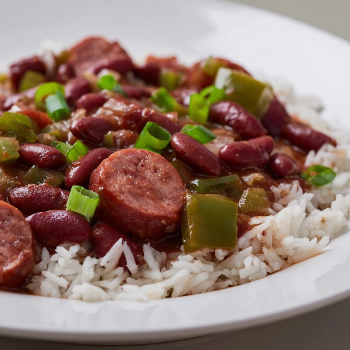 Fluffy white rice topped with colorful Mardi Gras Rice and Beans with Halal Sausage, garnished with fresh green onions and ready to enjoy.