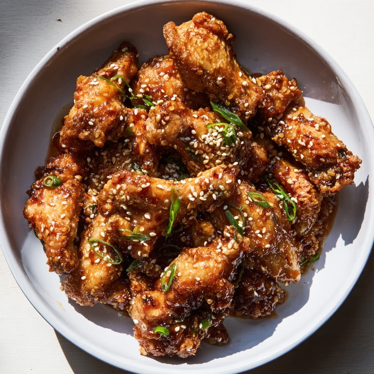 Crispy baked Big Game Sticky Honey Garlic Chicken Wings tossed in a luscious, sticky sauce, served alongside cool ranch dip and crunchy celery sticks on a wooden board.