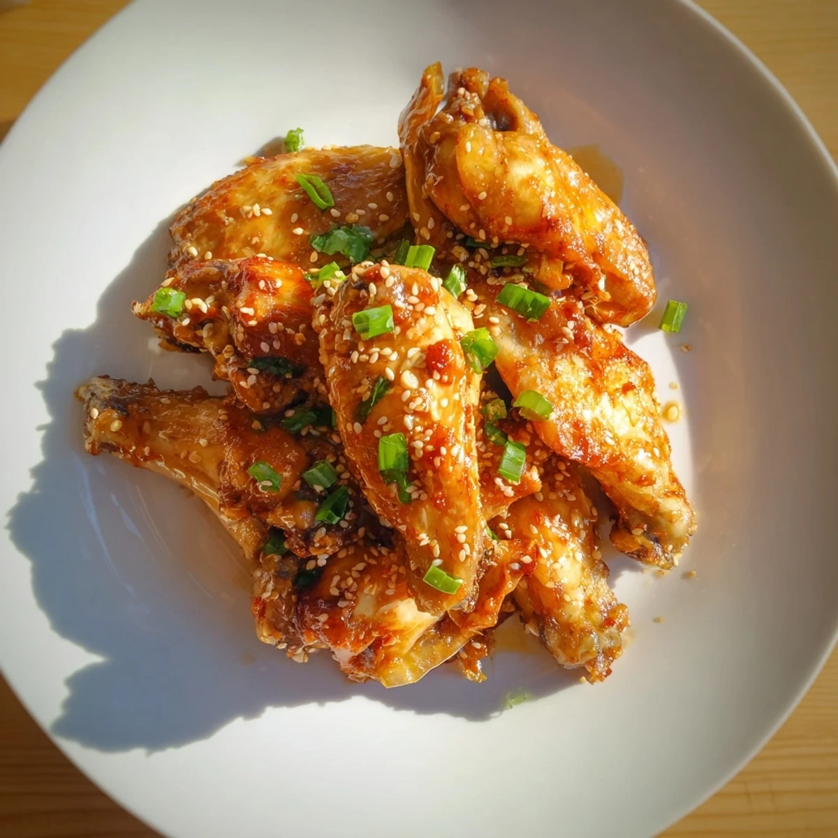 Golden-brown Big Game Sticky Honey Garlic Chicken Wings arranged on a platter, glistening with a thick, sweet glaze and topped with fresh scallions and toasted sesame seeds.