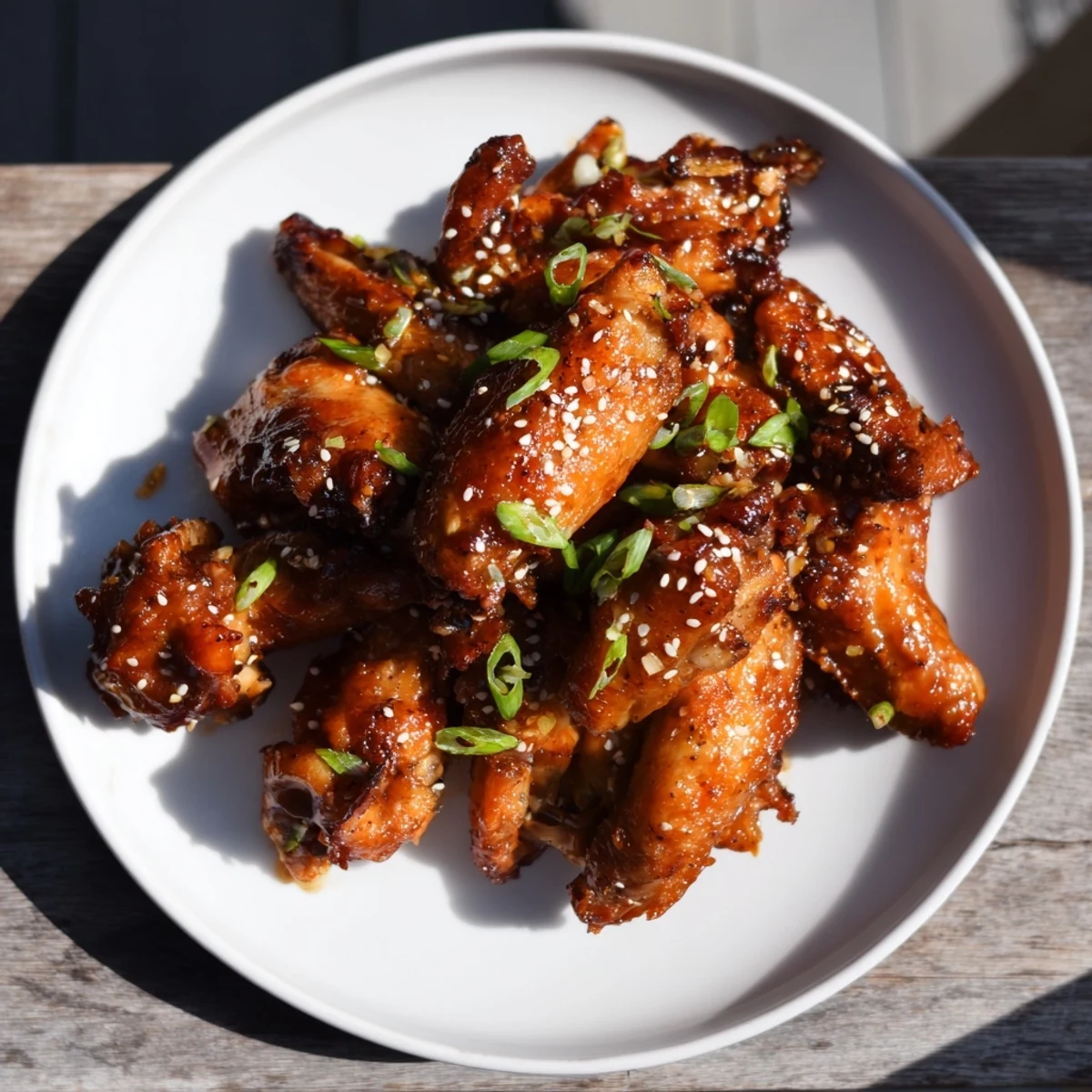 Freshly prepared Big Game Sticky Honey Garlic Chicken Wings steaming on a plate, showcasing a caramelized honey garlic coating and vibrant green scallions for a perfect game day appetizer.