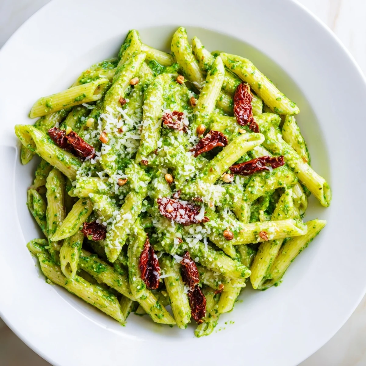 A bowl of Green Pesto Pasta with Sun-Dried Tomatoes, tossed in a rich green sauce and studded with deep red tomato slices.