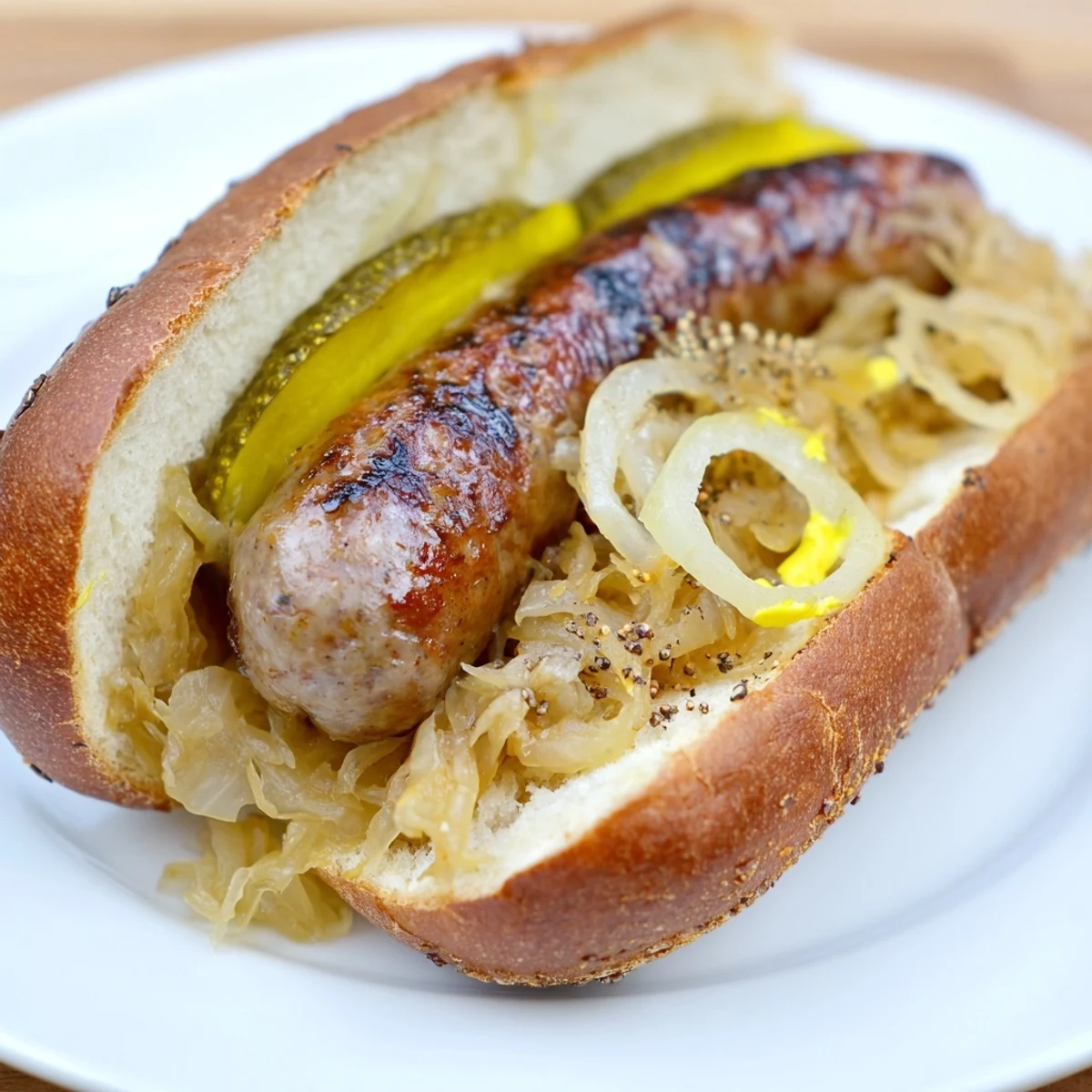 Sizzling Tailgate Bratwurst with Sauerkraut, served hot with mustard and pickles on a golden-brown toasted roll.