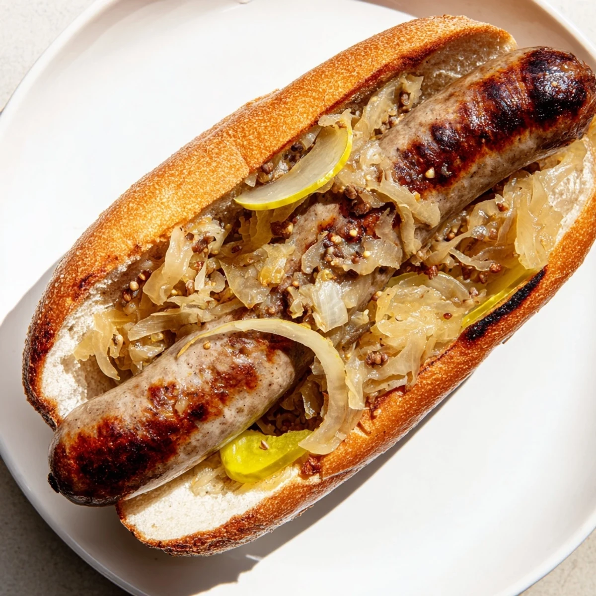 Juicy grilled beef bratwurst nestled in a toasted bun, piled high with tangy sauerkraut and caramelized onions for a tailgate feast.