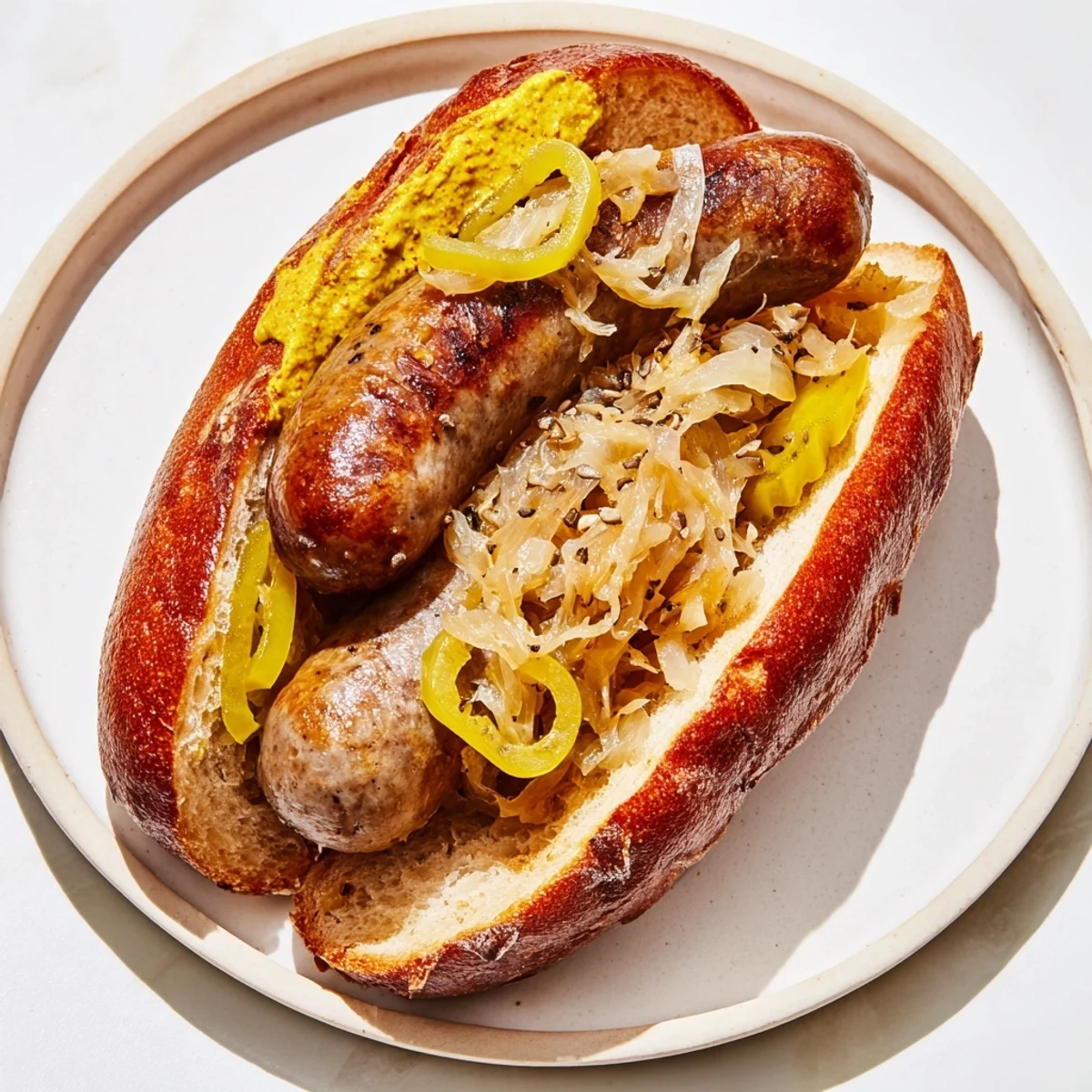 Close-up of a hearty Tailgate Bratwurst with Sauerkraut, featuring a plump beef sausage and warm sauerkraut topping.
