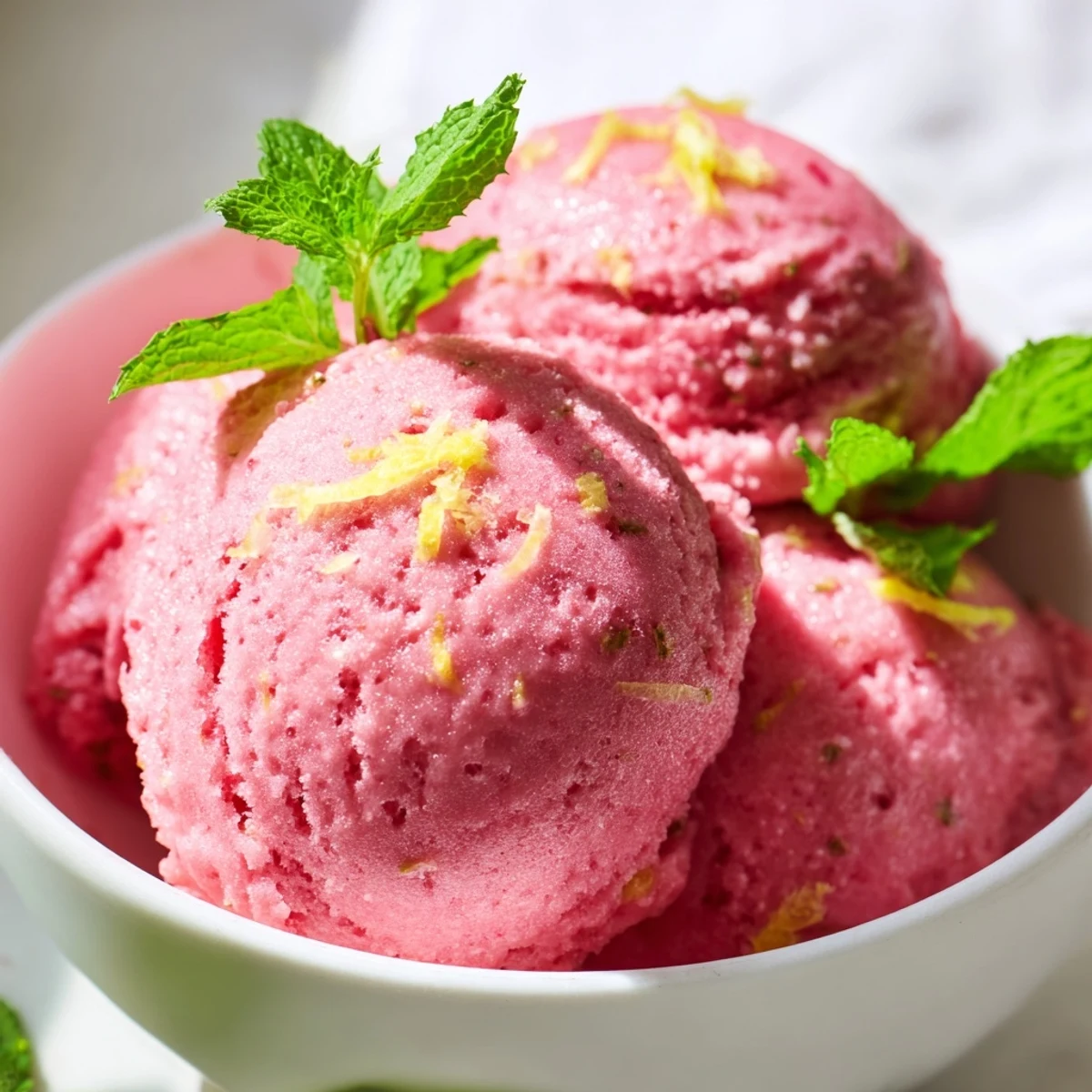 Homemade Pink Lemonade Sorbet with Mint served in a chilled glass bowl, topped with fresh mint sprigs and lemon slices.